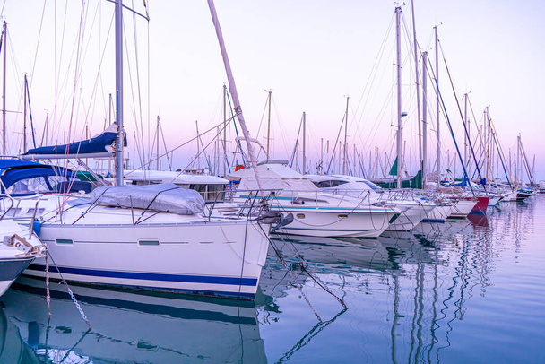 Yacht club early in the morning. Mediterranean coast. Hight quality photo - Photo, Image