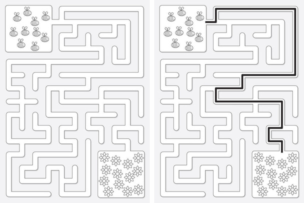 Easy little bees and flowers maze for kids with a solution iin black and white - Vetor, Imagem