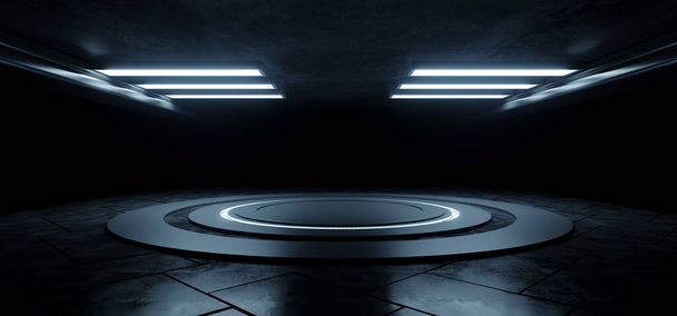 Чужий Sci Fi порожній етап Коло натрію бетон цемент підземний склад фон гранж футуристичний світлодіодні блакитні білі сяючі вогні космічний корабель 3D рендеринг ілюстрація
 - Фото, зображення