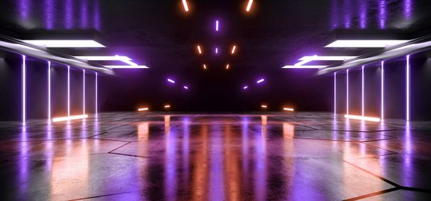 Futuriste Lignes Laser Néon Lumineux Orange Bleu Violet Orange Blanc VIbrant Synthétiseur Ciment Sous-sol Entrepôt Garage Studio Vierge Vitrine Tunnel Corridor Fond Illustration rendu 3D - Photo, image