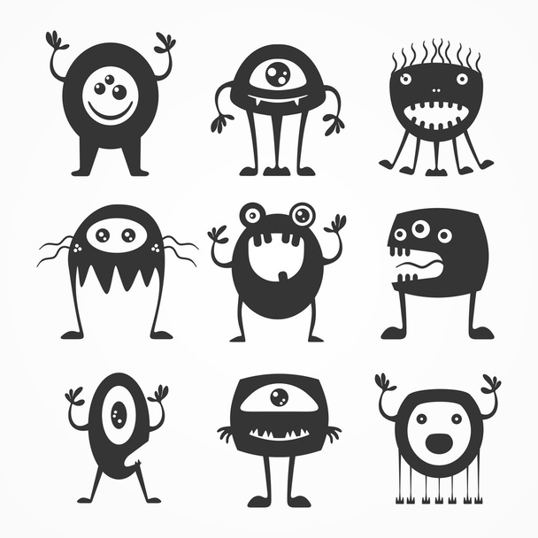 Colección de dibujos animados divertidos monstruos siluetas - Vector, Imagen