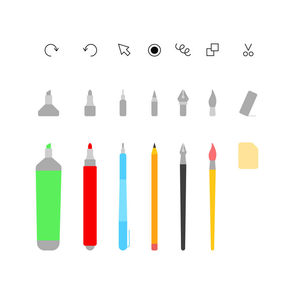 Farbige Werkzeuge für Kreativität. Konzept der Schaffung einer Plattform für digitale Kunst, einfache Elemente für Software-Design. Web-App auf dem Tablet für Kunstwerke in Atelier, Schule. flache Schilder auf weißem Hintergrund - Vektor, Bild