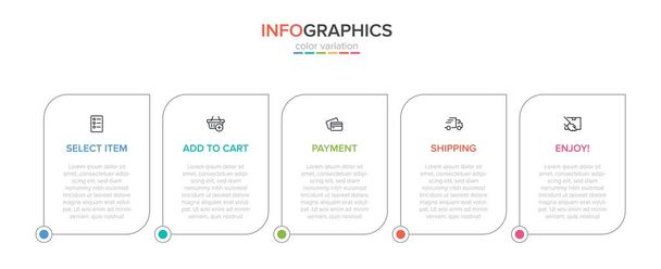 Concepto de proceso de compra con 5 pasos sucesivos. Cinco coloridos elementos gráficos. Diseño de línea de tiempo para folleto, presentación, sitio web. Diseño infográfico. - Vector, imagen