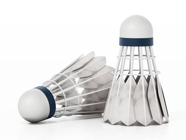 Badminton shuttlecocks and rackets isolated on white background. 3D illustration. - Foto, Imagen