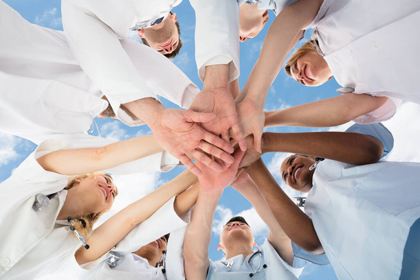 Diverse Medical Team Staff Hands Stack Outdoors - Photo, image