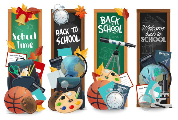 Education chalkboards with back to school lettering isolated vector banners set. Green and black blackboards with school time learning stuff. Student bag, sport balls and globe, telescope, microscope - Vector, Image