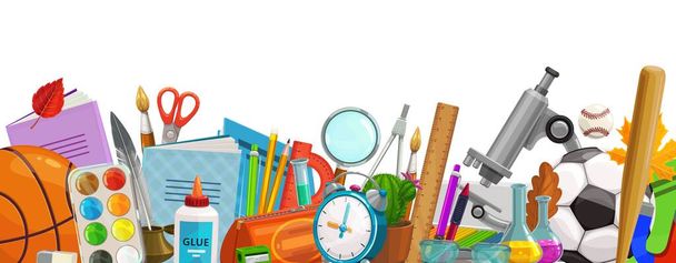 School accessories vector sport ball, notebook, feather and eraser with paints, glue. Scissors and paint brush with pencil sharpener and pen case. Alarm clock, compass and magnifier cartoon border - Vector, Image