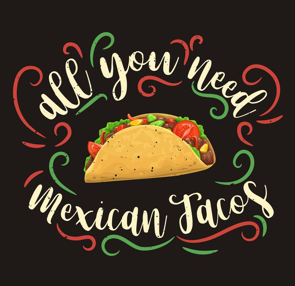 Mexikói taco. Mexikói konyha étkezés, gyorsétterem kávézó vagy éttermi étel földelt csirke vagy sertéshús, paradicsom, csípős chili bors és sajt vektor. Tacos nap ünnep banner felirattal - Vektor, kép