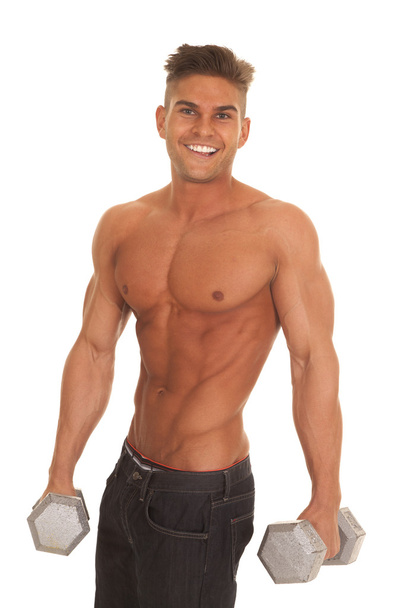 strong man no shirt hold weights - Foto, immagini
