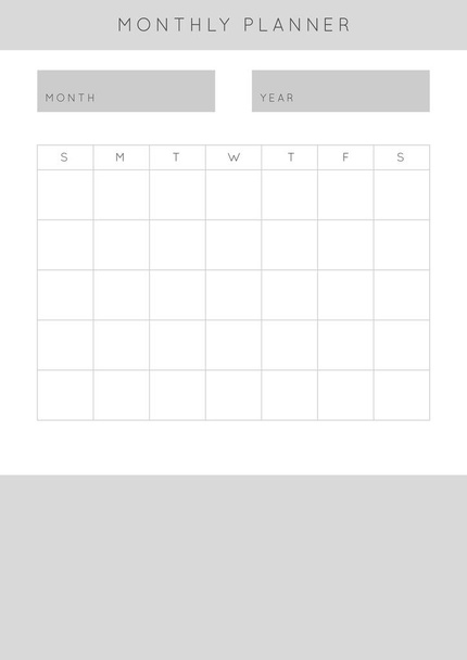Planejador de monoctomas abstrato minimalista. Modelo de planejador diário, semanal e mensal. Página de caderno vertical imprimível em branco com espaço para notas e objetivos
. - Vetor, Imagem