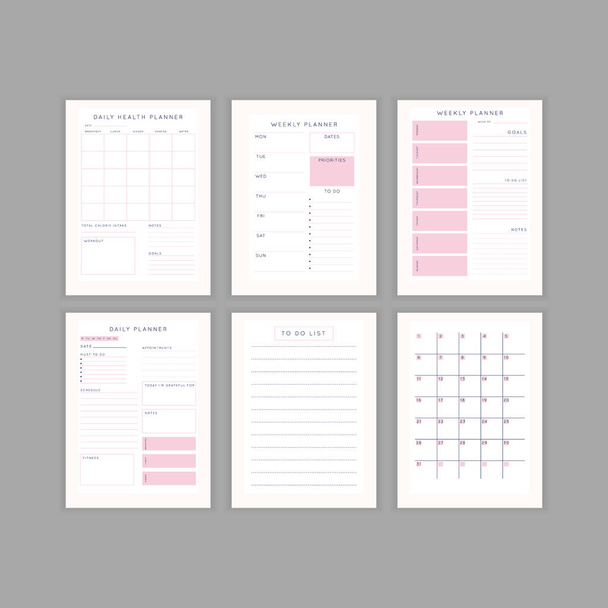 Set minimalistischer abstrakter Planer. Tägliche, wöchentliche, monatliche Planervorlage. Leere druckbare vertikale Notizbuchseite mit Platz für Notizen und Ziele. - Vektor, Bild