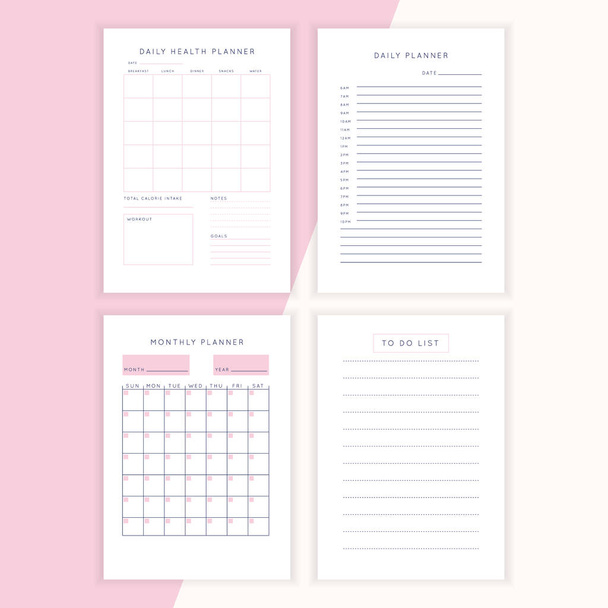 Set of minimalist abstract planners. Daily, weekly, monthly planner template. Blank printable vertical notebook page with space for notes and goals. - Vector, Image