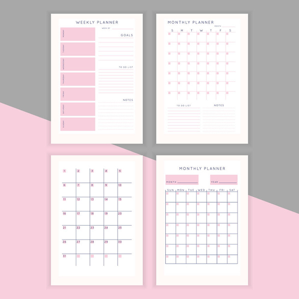 Set of minimalist abstract planners. Daily, weekly, monthly planner template. Blank printable vertical notebook page with space for notes and goals. - Vector, Image