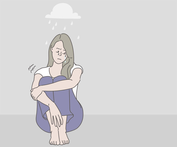 Sad woman sitting on floor and crying. Depression in her heart. Hand drawn in thin line style, vector illustrations. - Vector, Image
