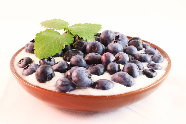 Closeup of blueberries in white, rular yogurt with brown bowl and piece of mint - Foto, Imagen