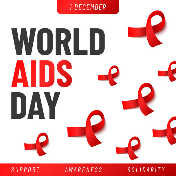 Cartel del Día Mundial del SIDA. Ayuda Conciencia Cinta Roja. - Vector, imagen