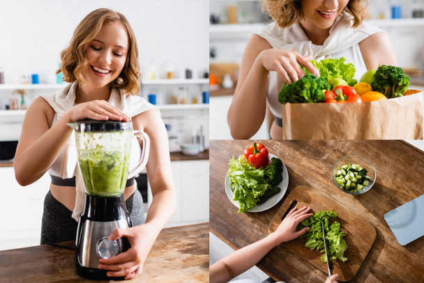 collage of woman cutting lettuce, touching groceries and making smoothie in blender  - Foto, imagen