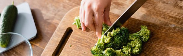 panoramic crop of woman cutting fresh broccoli on chopping board near kitchen scales with cucumber - Photo, Image