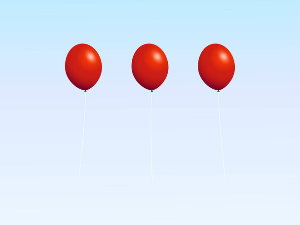 Trio aus isolierten roten Luftballons mit Saiten und Lichtreflexion über weißem und hellblauem Hintergrund - Vektor, Bild