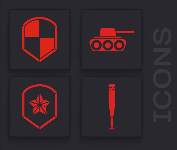 Set Baseball bat, Shield, Military tank and Police badge icon. Vector - Vector, Image