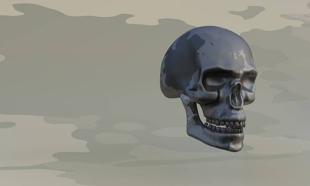Crânio militar de metal, ilustração 3D, crânio de metal e fundo militar em cores verdes. Design militar moderno
. - Foto, Imagem
