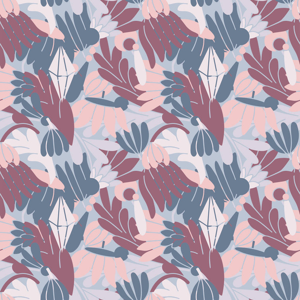 Modern colored seamless violet pattern with flowers and geometric elements. Purple, blue, pink colors - Vektor, obrázek