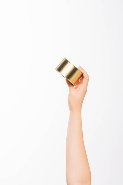 cropped view of woman holding canned beans isolated on white, charity concept - Фото, изображение