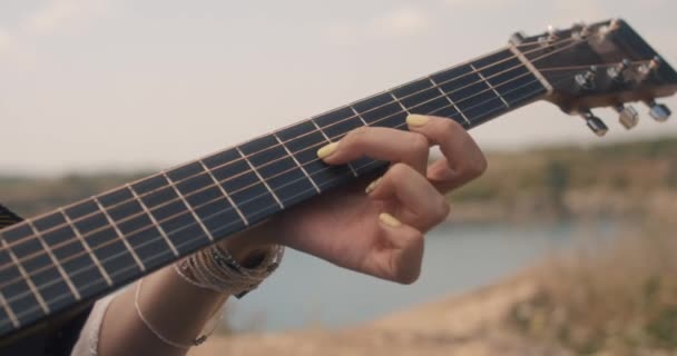 女は牧草地でギターを弾く - 映像、動画