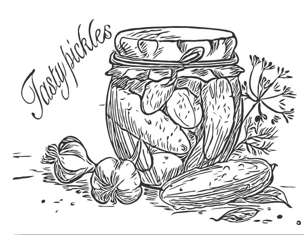  Pickled cucumbers vegetables in a glass jar - Vector, Image