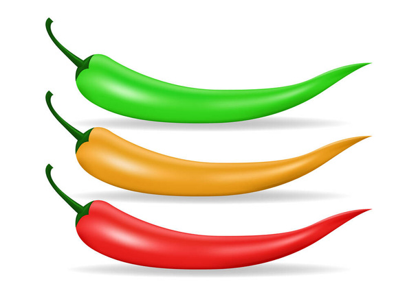 Czerwony, zielony i żółty ostry pieprz chili na białym tle. Ilustracja wektora. - Wektor, obraz