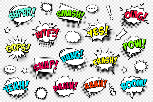 Komische Sprechblasen mit Halbtonschatten und Textphrasen. Vector handgezeichnete Retro-Cartoon-Sticker. Pop-Art-Stil. - Vektor, Bild