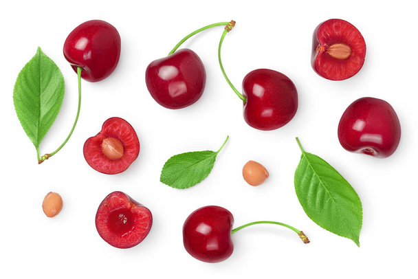 red sweet cherry isolated on white background with clipping path . Top view. Flat lay - Photo, Image