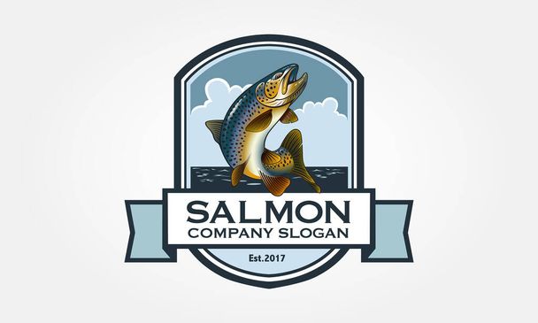 Ilustración del logotipo del vector de salmón. Logo con salmón en estilo emblema. Vector de pescado vintage para el diseño de su logotipo. - Vector, Imagen