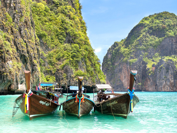 Longtail Boats in Maya Bay, Ko Phi Phi, Thailand - Photo, Image