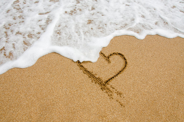 Форма сердца в песке на пляже
 - Фото, изображение