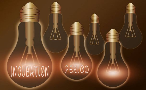 Writing note showing Incubation Period. Business photo showcasing time elapsed starting from getting exposed to an infectious agent Realistic colored vintage light bulbs, idea sign solution. - Photo, Image