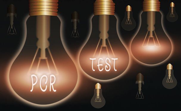 Word writing text Pcr Test. Business concept for qualitative detection of viral genome within the short seqeunce of DNA Realistic colored vintage light bulbs, idea sign solution thinking concept. - Photo, Image