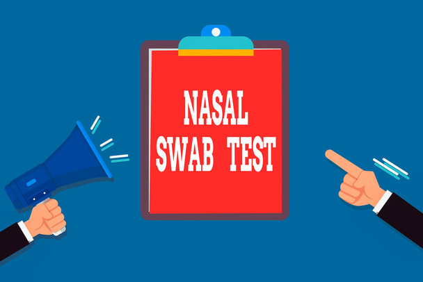 手書きテキストNasal Swab Test 。鼻分泌による上気道感染症の診断を意味する概念2つの胡分析手は、別のメガホンを保持ブランククリップボードを指す. - 写真・画像