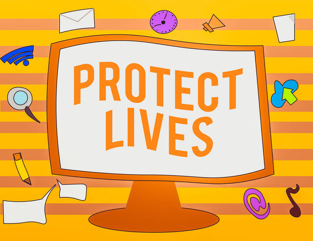 Text sign showing Protect Lives. Conceptual photo to cover or shield from exposure injury damage or destruction Web Application Software icons Surrounding Blank Mounted Computer Monitor. - Photo, Image