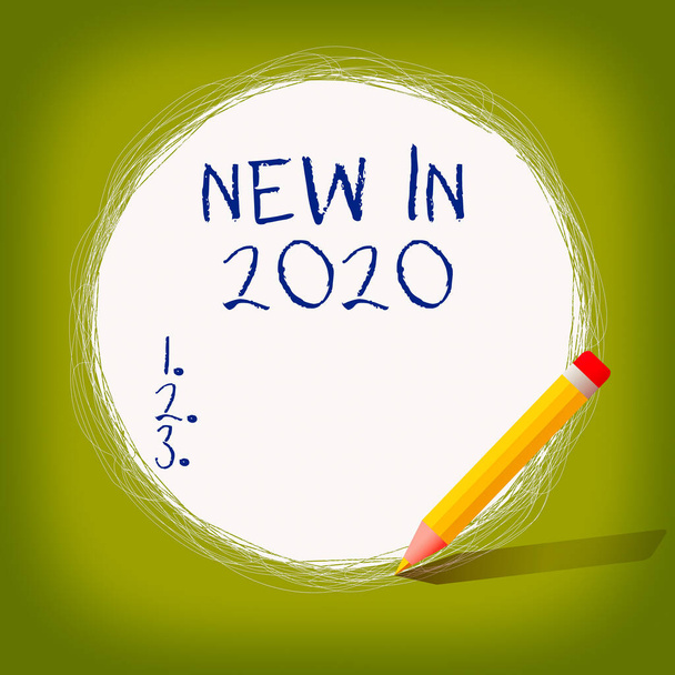 テキストの手書き新2020年。2020年に期待されるもの、新しいものを意味するコンセプトホワイト・ソリッド・サークル上のペンシルを使用した円線の筆記. - 写真・画像