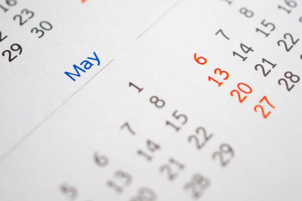 Página del calendario de mayo con meses y fechas concepto de reunión de planificación de negocios - Foto, imagen