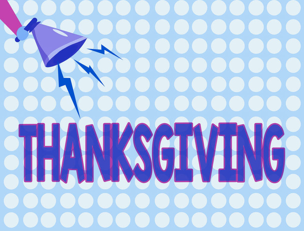 Word writing text Thanksgiving. Business concept for public acknowledgment or celebration of divine goodness Hu analysis Hand Holding Megaphone Downward with Lightning Sound Effect Icon. - Photo, Image