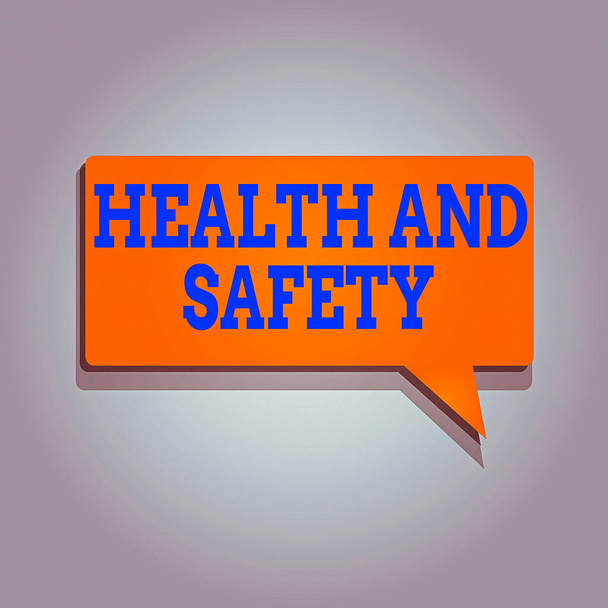 健康と安全を示す概念的な手書き。職場での事故を防ぐための業務用写真テキスト手順長方形ソリッドカラーハーフトーンスピーチバブルと影. - 写真・画像