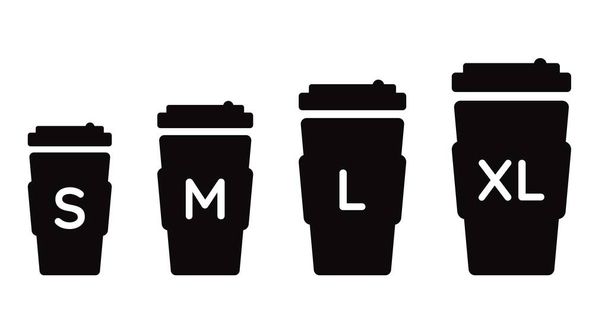 Koffiebekermaat S M L XL. Verschillende grootte - klein, medium, groot en extra groot. Zwarte vector koffiecup pictogrammen ingesteld - Vector, afbeelding