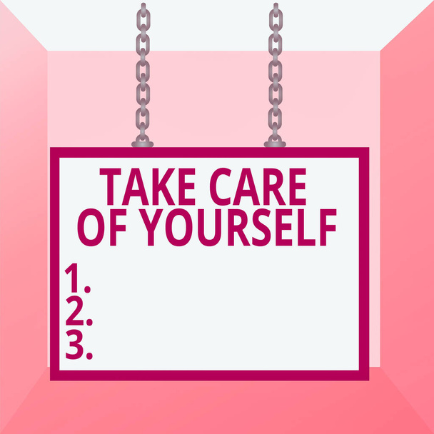 Conceptual hand writing showing Take Care Of Yourself. Business photo text a polite way of ending a gettogether or conversation Whiteboard rectangle frame attached surface chain panel. - Photo, Image