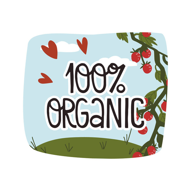 Divertido dibujado a mano 100% orgánico - tarjeta y banner, diseño de la etiqueta. - Vector, Imagen