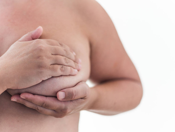 Prevención del cáncer de mama. Dos manos sosteniendo un pecho - Foto, imagen