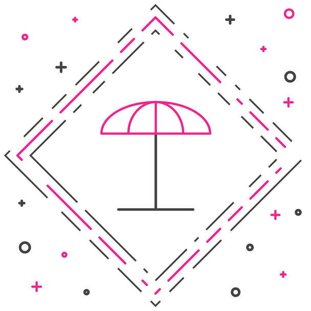 Line Sun guarda-chuva de proteção para ícone de praia isolado no fundo branco. Grande guarda-sol para o espaço ao ar livre. Guarda-chuva de praia. Conceito de esboço colorido. Ilustração vetorial - Vetor, Imagem
