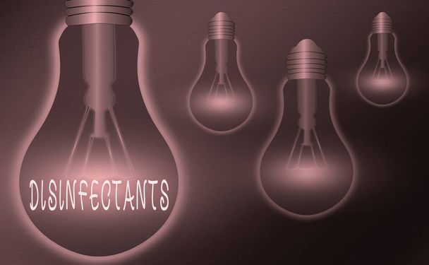 Writing note showing Disinfectants. Business photo showcasing chemical that destroy vegetative form of harmful microorganism Realistic colored vintage light bulbs, idea sign solution. - Photo, Image
