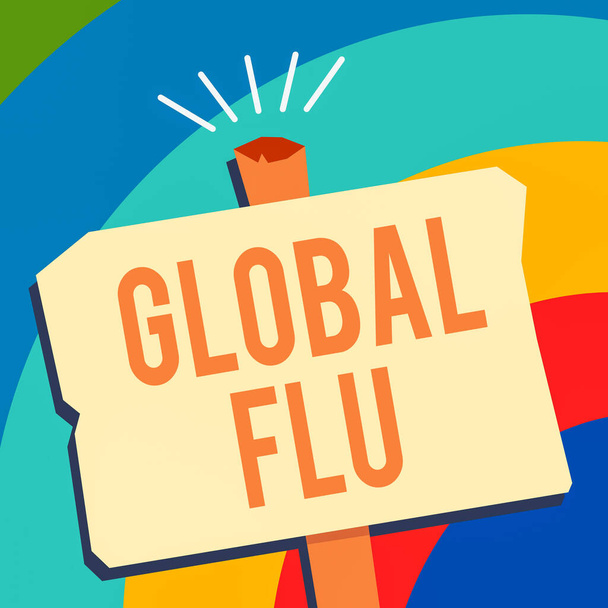 Text sign showing Global Flu. Conceptual photo Common communicable illness spreading over the worldwide fastly Blank Old Weathered Signpost Geometrical Shape Halftone with One stand. - Photo, Image